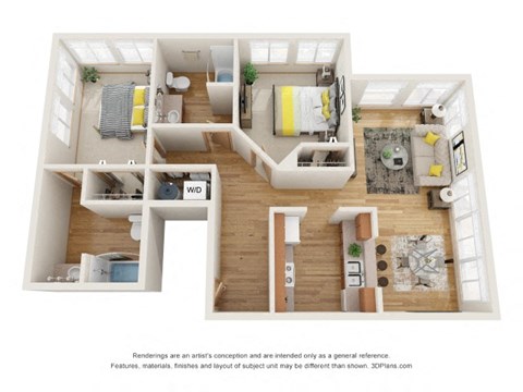 Floor plan for 2 beds, 2 baths, 1030 sqft
